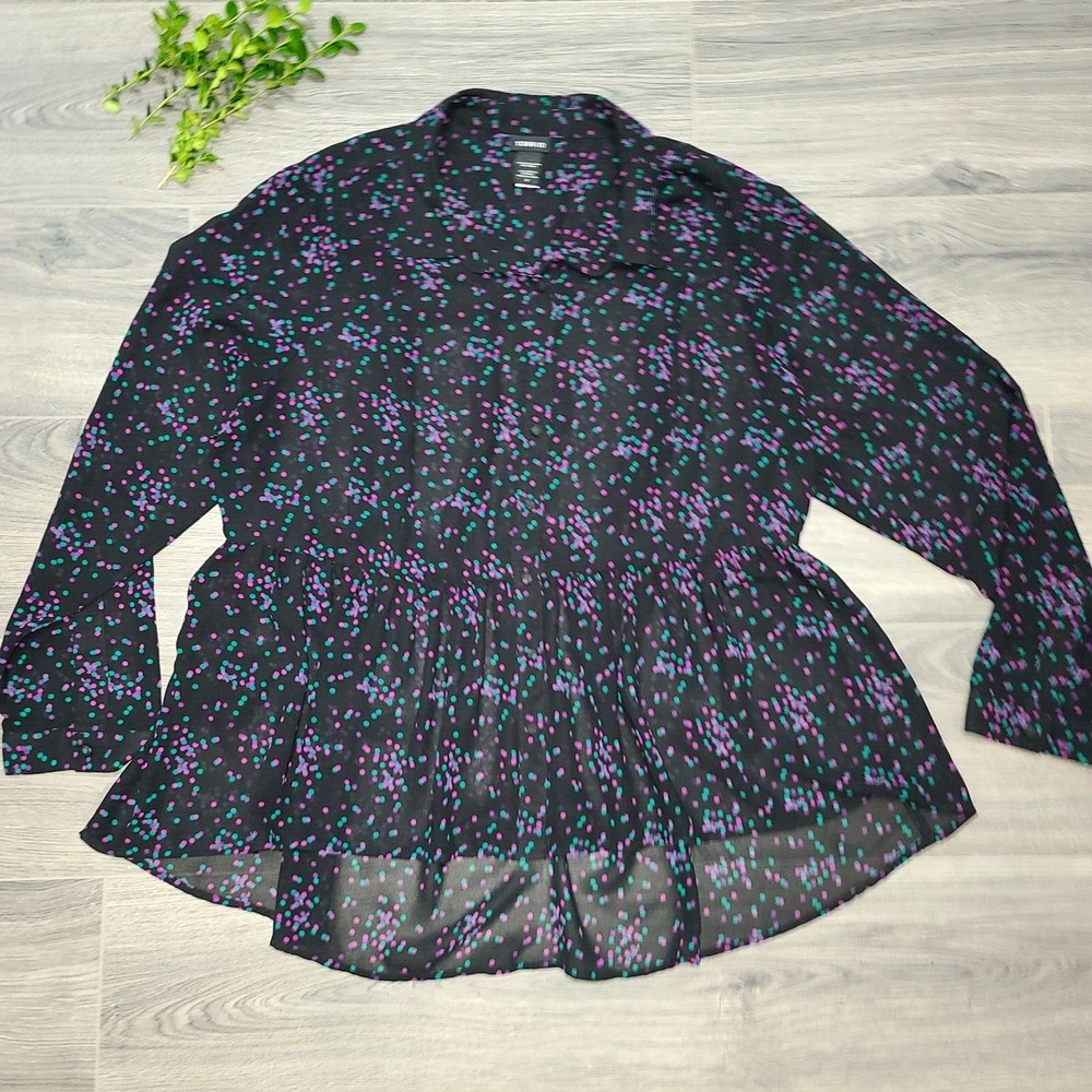 Torrid women 2X Button Chiffon Shirt Flare Top long sleeve Sheer Polka dot